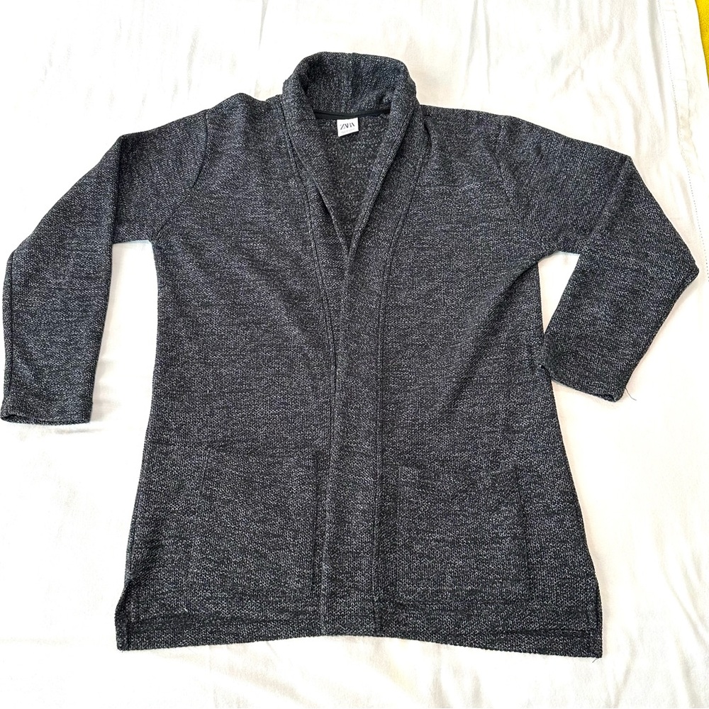 Zara Charcoal Knit Sweater Basic Cardigan Size XL Cotton Blend Open Front